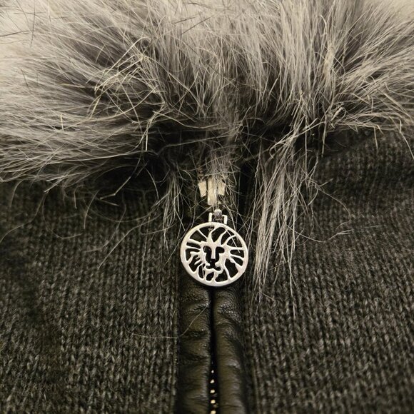 Anne Klein Hooded Zip Up Faux Fur Leather Trim Poncho Grey Sweater Large Zip Up - Picture 7 of 8